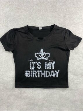 Girls'  "It's My Birthday" printed Rhinestone Tee crop top summer vibes Xs